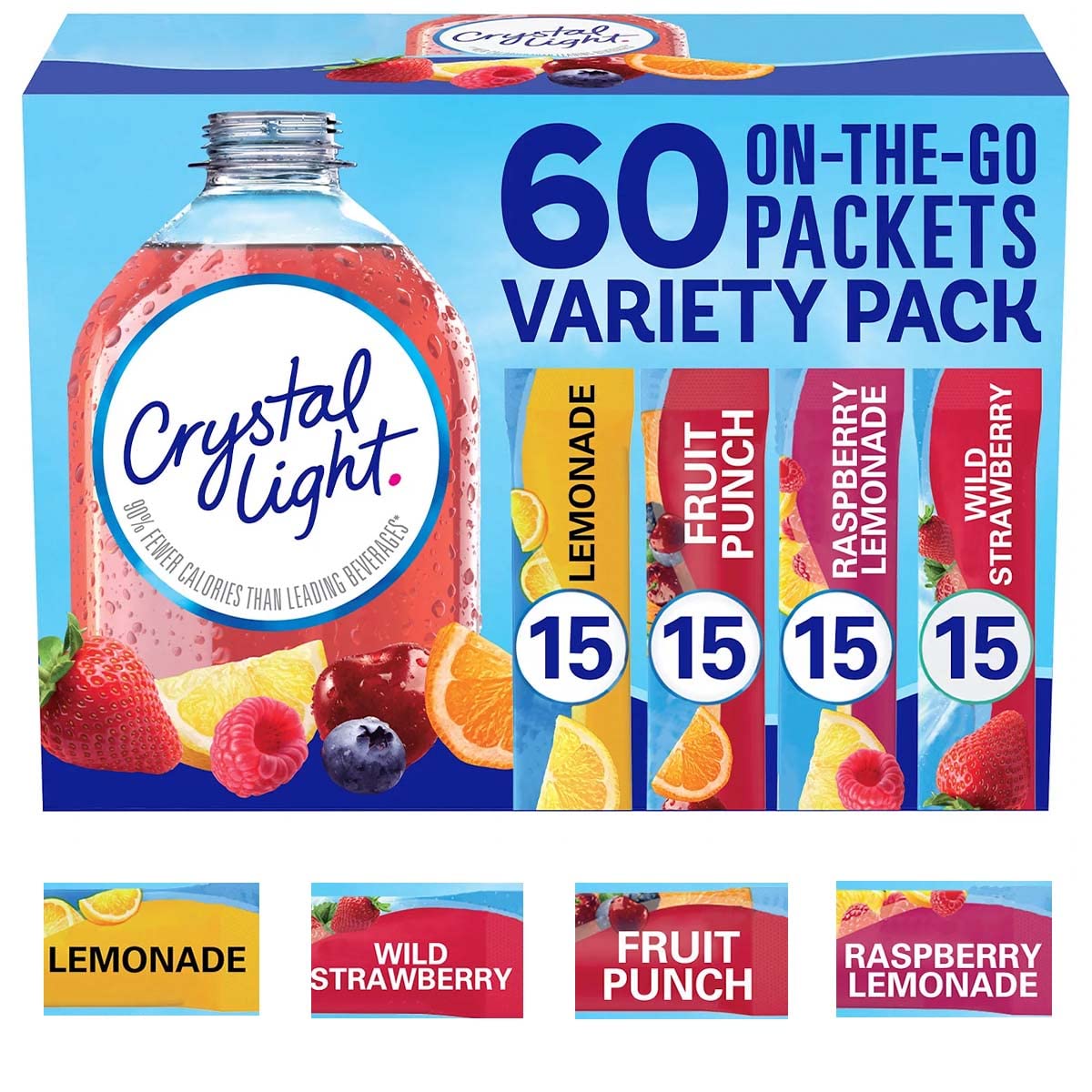 Crystal Light Sugar-Free, Lemonade, Fruit Punch, Raspberry Lemonade and Wild Strawberry On-The-Go Powdered Drink Singles Mix Variety Pack, 60 Count, Each Packet Dissolves into any 16.9 oz. container and comes with a Bonus Inspirational Magnet by D'Elite Box : Grocery & Gourmet Food