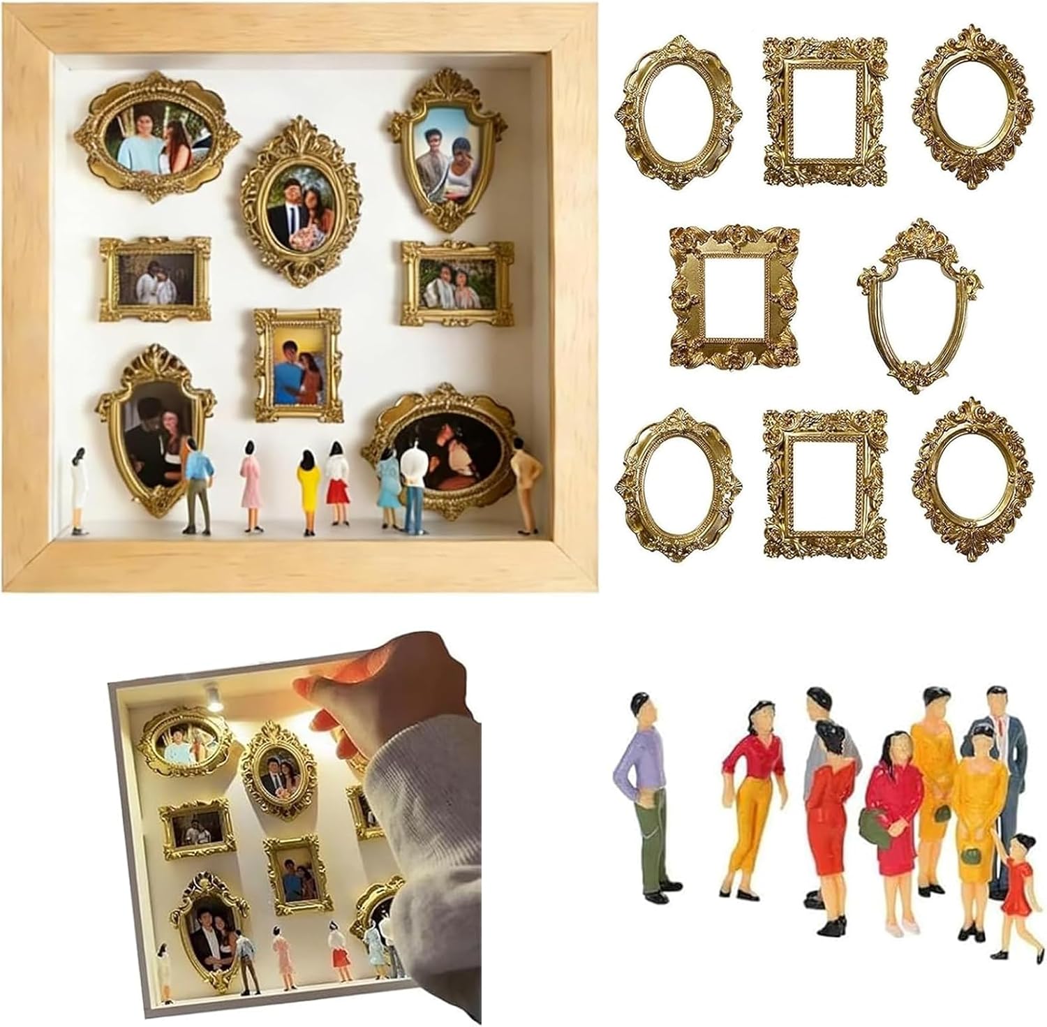 DIY Museum Silhouette Box, Shadow Box Frame Kit with Gold Mini Frames & Figurines for Anniversary, Wedding, Birthday, Valentine & Home Decor (Wood)
