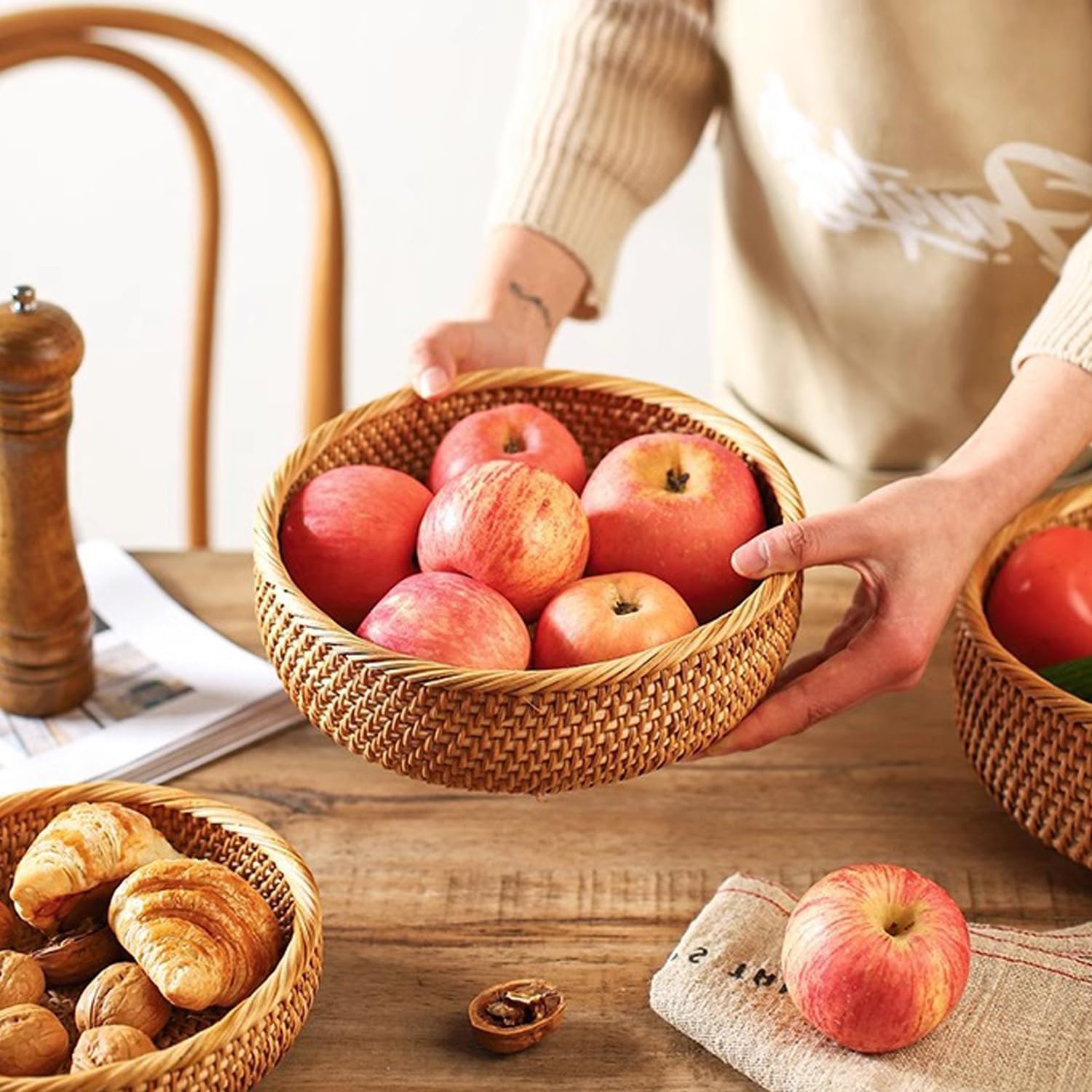 3 Packs Round Woven Tray Natural Hand Vine Woven Fruit Tray Storage Basket Tray for Decor Home Kitchen (High)