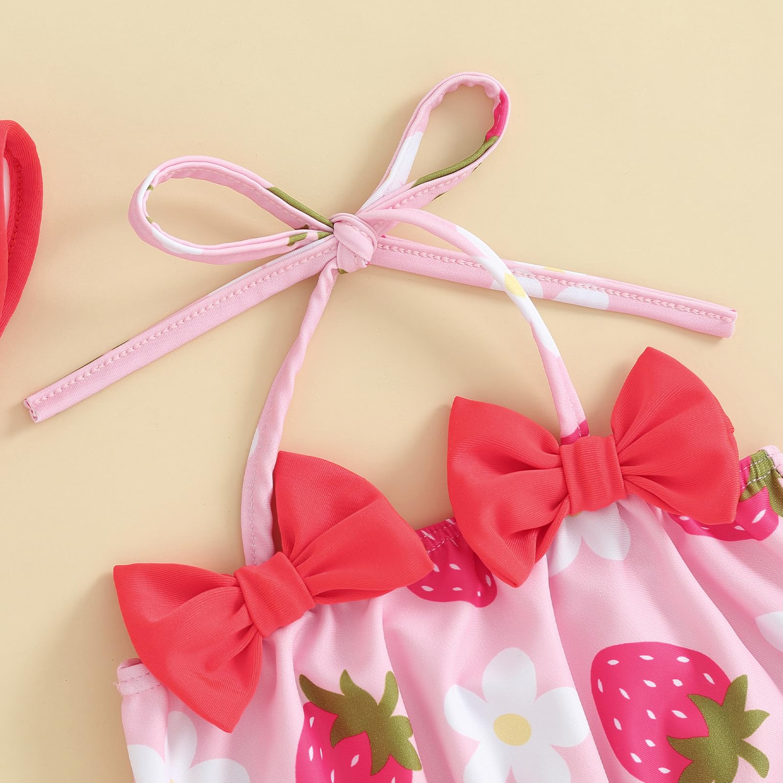3 Pezzi Costume da Bagno Neonata Bikini Set Bambina Estate Stampa Fragola/Sirena Top Senza Manica+Fondo+Cappello Completo da Mare Spiaggia