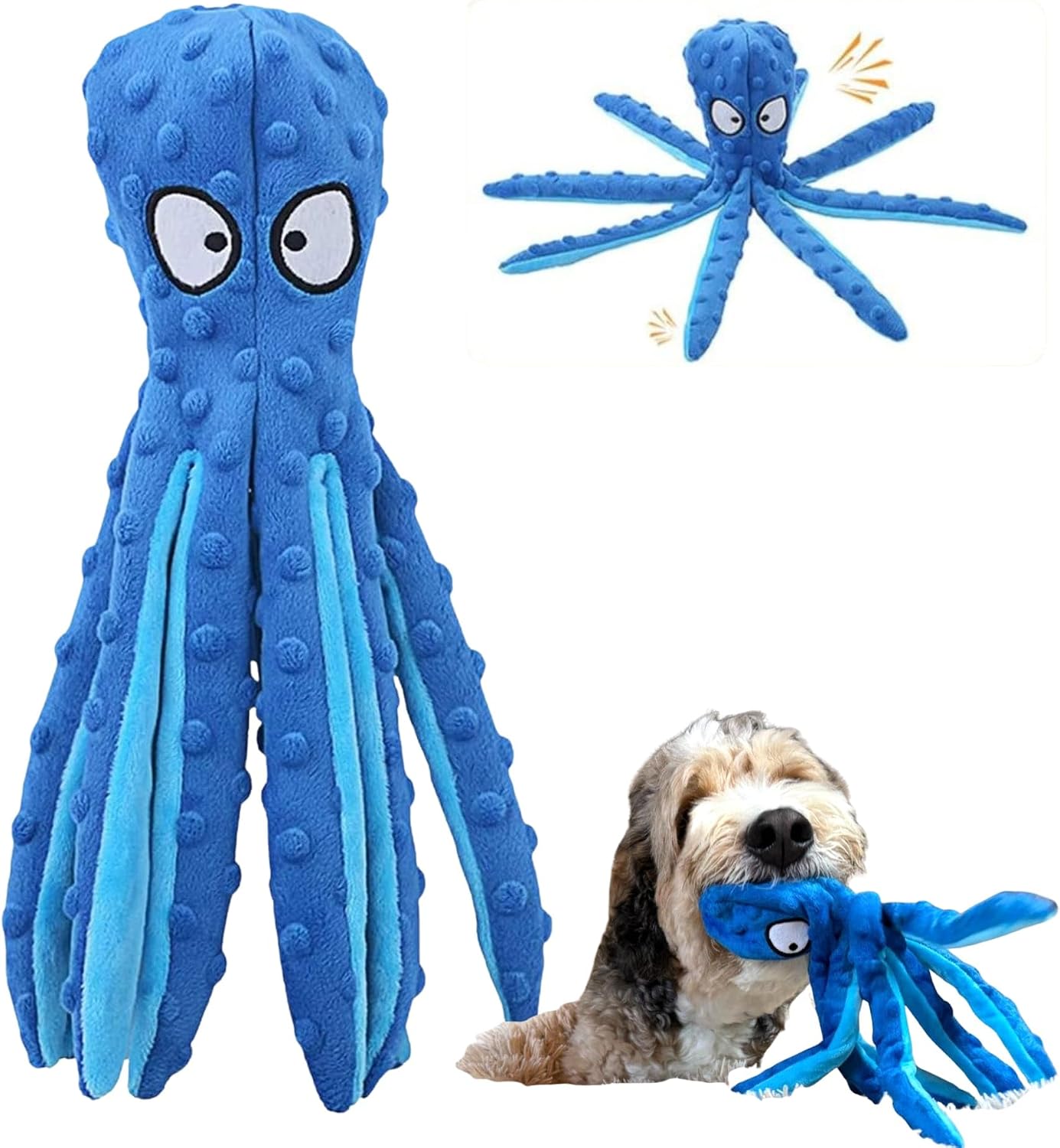 Octopus Dog Toy, No Stuffing Plush Squeaky Crinkle Toy to Keep Dogs Busy, Interactive Chew Toy for Puppies Small Medium Large Dogs, Blue, Tail Town