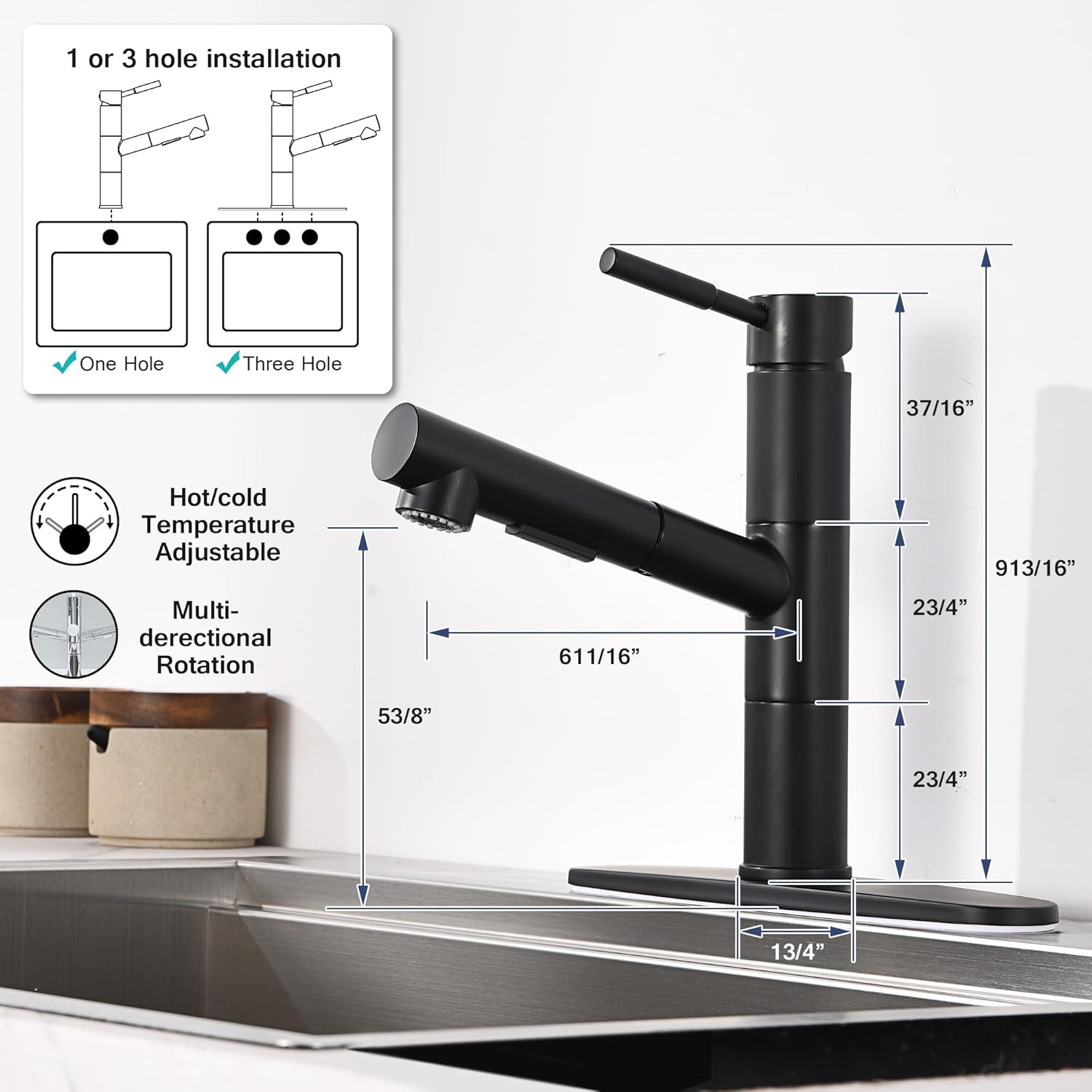 Black Kitchen Faucet with Sprayer, Black Kitchen Sink Faucet with Pull Down Sprayer, Modern Stainless Steel Bar Sink Faucet RV Kitchen Faucet with Deck Plate 2 Modes Spray Spot Resist