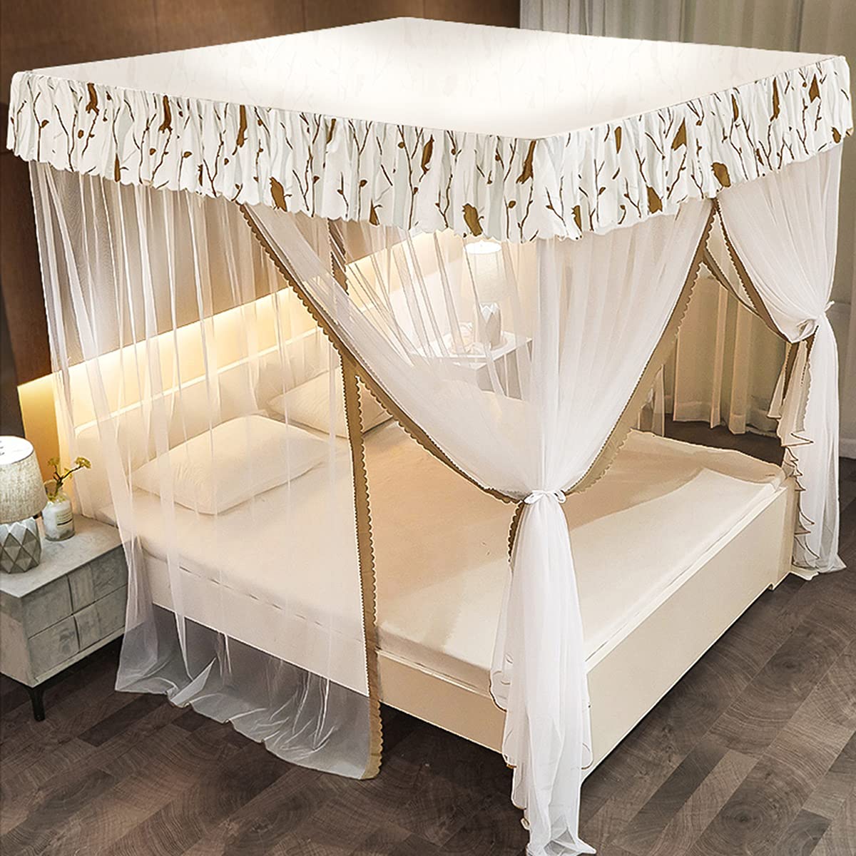 OKUOKA Moskitiera, elegancki baldachim do łóżka, 4 narożne słupki, 100% poliester baldachim do łóżka, dla dziewcząt, dorosłych, dzieci, małych dzieci, dekoracja pościeli, brązowy, 1,5 x 2,0 m
