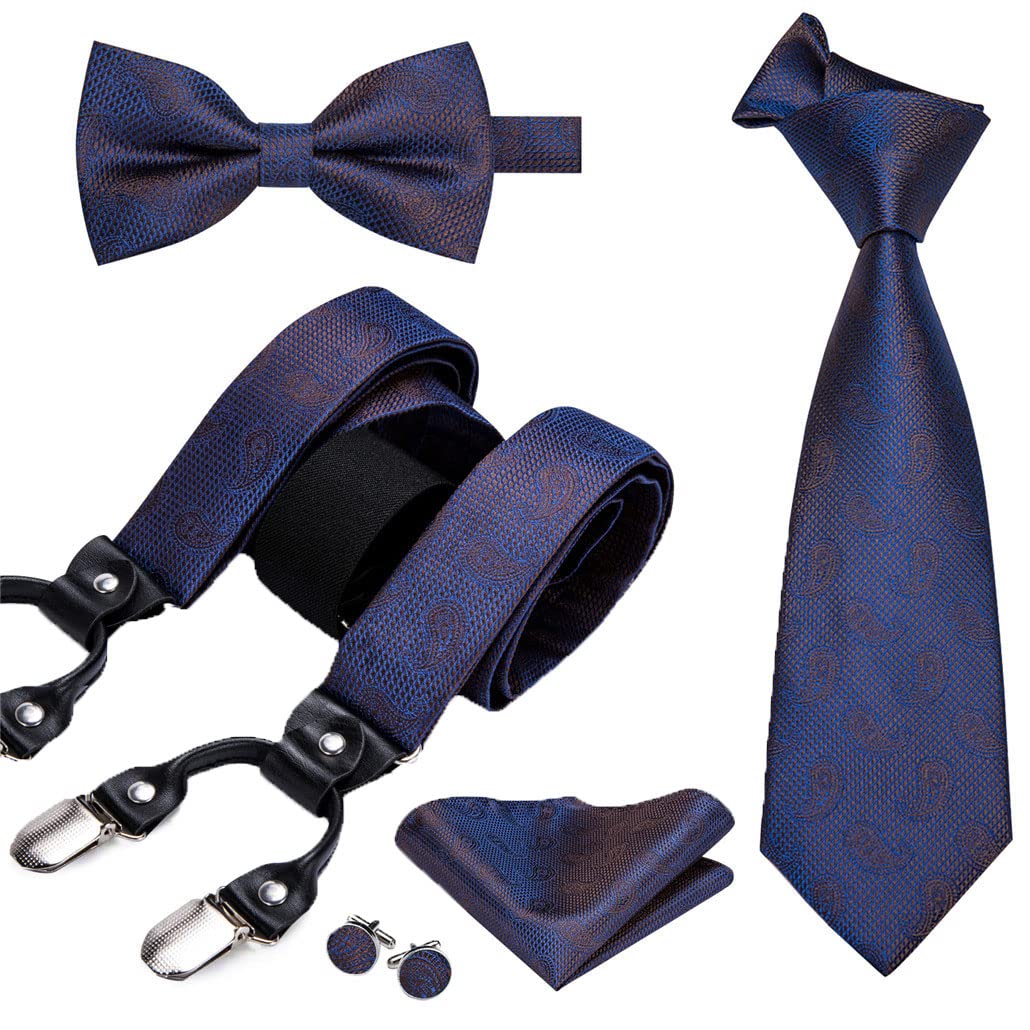 keusyoi Herren-Straps-Set aus Seide, 6 Clips, Vintage-Stil, Y-Rücken, Hosenträger, Fliege, Taschentuch, Manschettenknöpfe, verstellbar