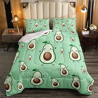 Avocado Comforter Set For Kids, Avocados Kawaii Bedding Set Room Decor Cute Fruits Quilted Comforter Twin Size For Boys Girls Children Tropical Botanical Cartoon Down Comforter 3 Pieces, Green