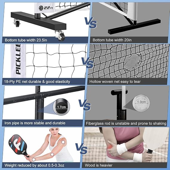 Fostoy Pickleball Net 22 FT & 11 FT Pickleball Set with 4 Fiberglass Paddles, 6 Pickleballs, Steady Metal Frame with Carry Bag for Backyards, Driveways, and Garages