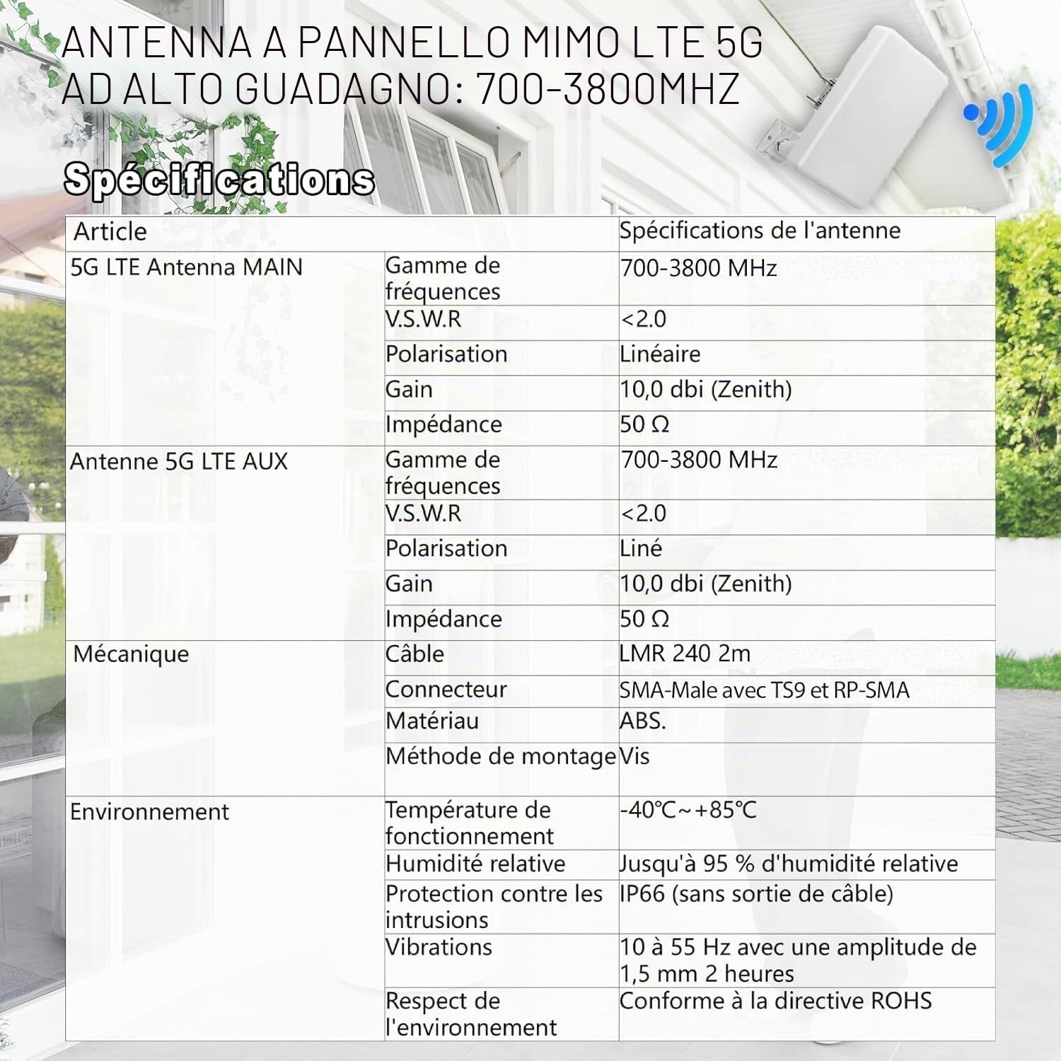 Maswell LTE 4G 5G - Antenna direzionale MIMO per esterni, ad alto guadagno 10 dBi, 700-3800 MHz con portata di 10 km, doppio cavo equivalente SMA LMR240