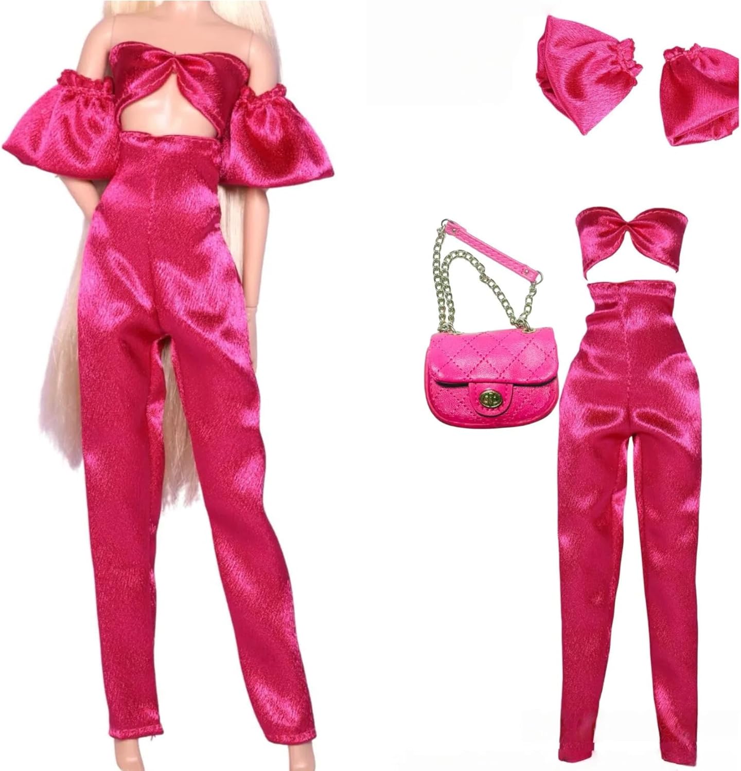Doll Outfit Set, Hot Pink Leather Jacket with Black Crop Top and Leggings, Mini Bag，for 11.5-12in Doll or BJD (2)