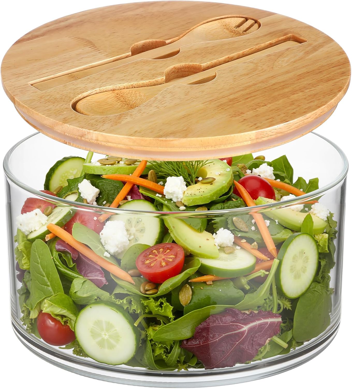 215oz Extra Large Glass Trifle Bowl with Sealing Lid 10 Inch Large Salad Bowl with Wood Serving Utensils Versatile Mixing and Serving Container for Laying Ice Cream Cake Fruit Dessert