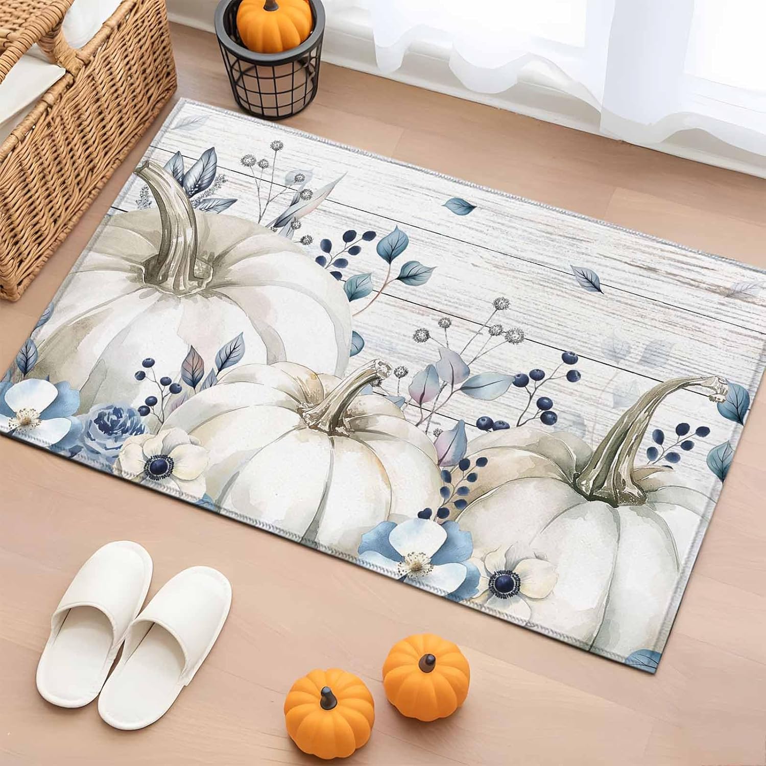DecorLovee Entryway Rug 2'x3', Blue Grey Pumpkins Fall Small Rug for Kitchen Bathroom Door Mat Indoor Entrance, Thanksgiving Botanical Vintage Non-Slip Area Rugs Floor Mats Carpet Front Door Rugs