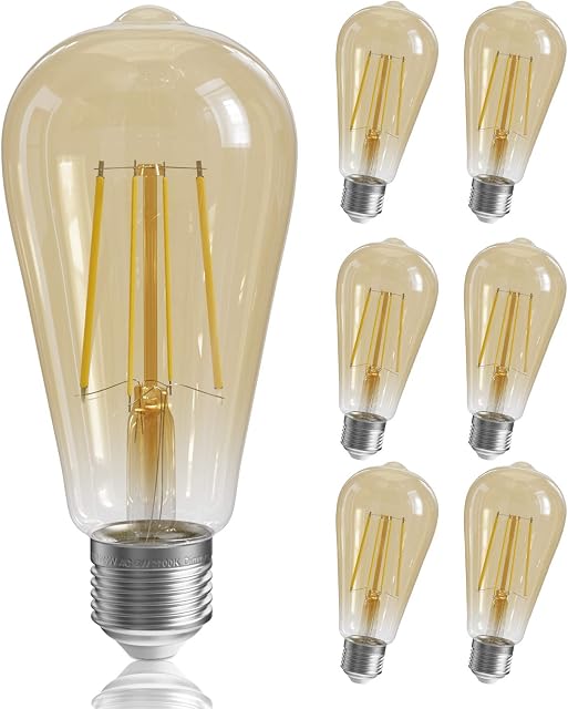 QNINE 6-Pack Dimmable E27 Vintage Light Bulbs, 6W (60W Equivalent), 600lm, Warm White 2700K, LED Filament Bulb, E27 Edison Screw Bulb