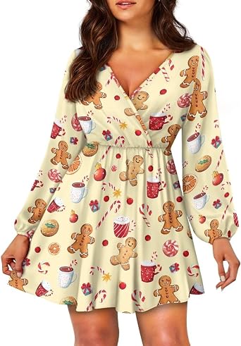 KEIAHUAN Women Casual Dress Long Lantern Sleeve Flowy Dress V-Neck Sexy Short Dress Boho Loose Dresses