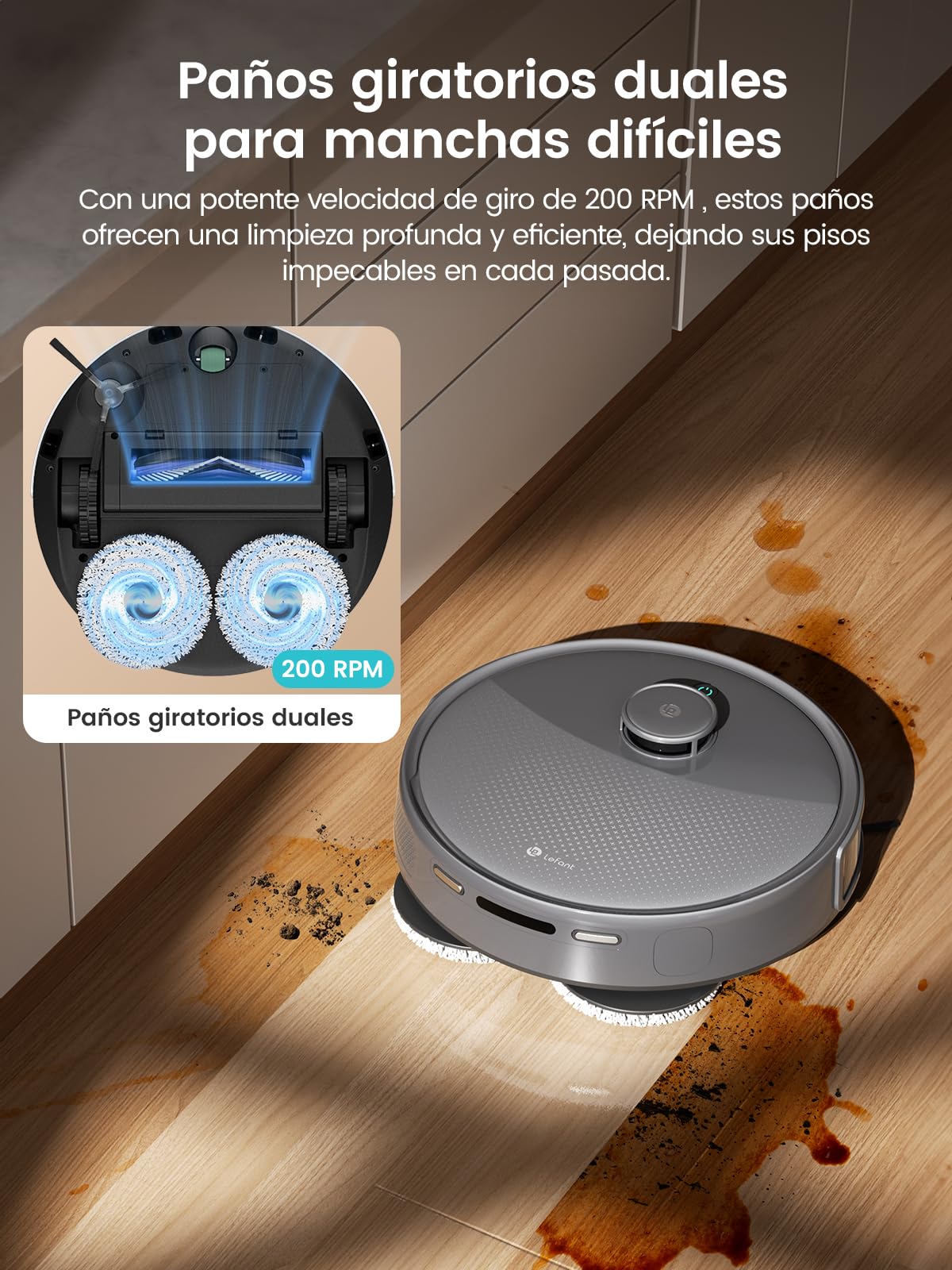 Lefant M3 Robot Aspirador y Fregasuelos con Mapeo, 220min, 12000 Pa, Automático para 3,2 L, Cepillos Antienredos, Navegación dToF, Evitación Obstáculos PSD 190°, 5G WiFi/App/Alexa, Gris