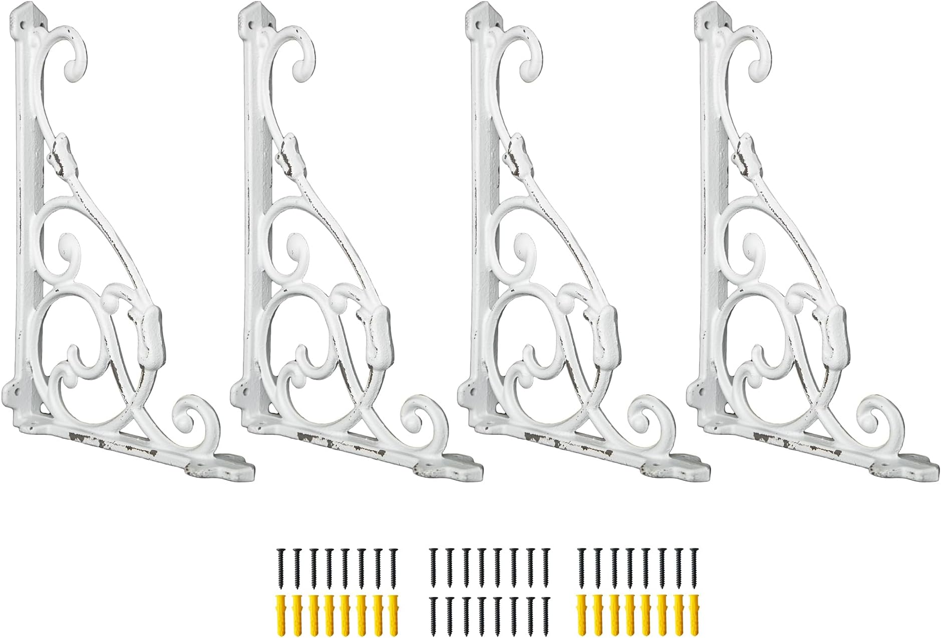 4 Pack Antique White Shelf Brackets,11 x 7.5 Inch Distressed Cast Iron Shelf Supply,Ornate Decorative Corbel,Screws Anchor Included