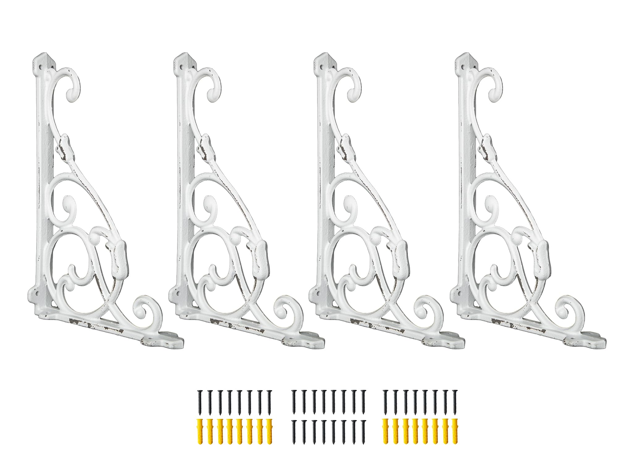 4 Pack Antique White Shelf Brackets,11 x 7.5 Inch Distressed Cast Iron Shelf Supply,Ornate Decorative Corbel,Screws Anchor Included
