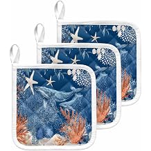 Blue Coastal Whale Pot Holders for Kitchen, Farmhouse Nautical Starfish Coral Leaf Pot Holder with Loop Trivet Heat Insulation Oven Mitts Hot Pads, Washable Potholders for Cooking Baking 3 Pack