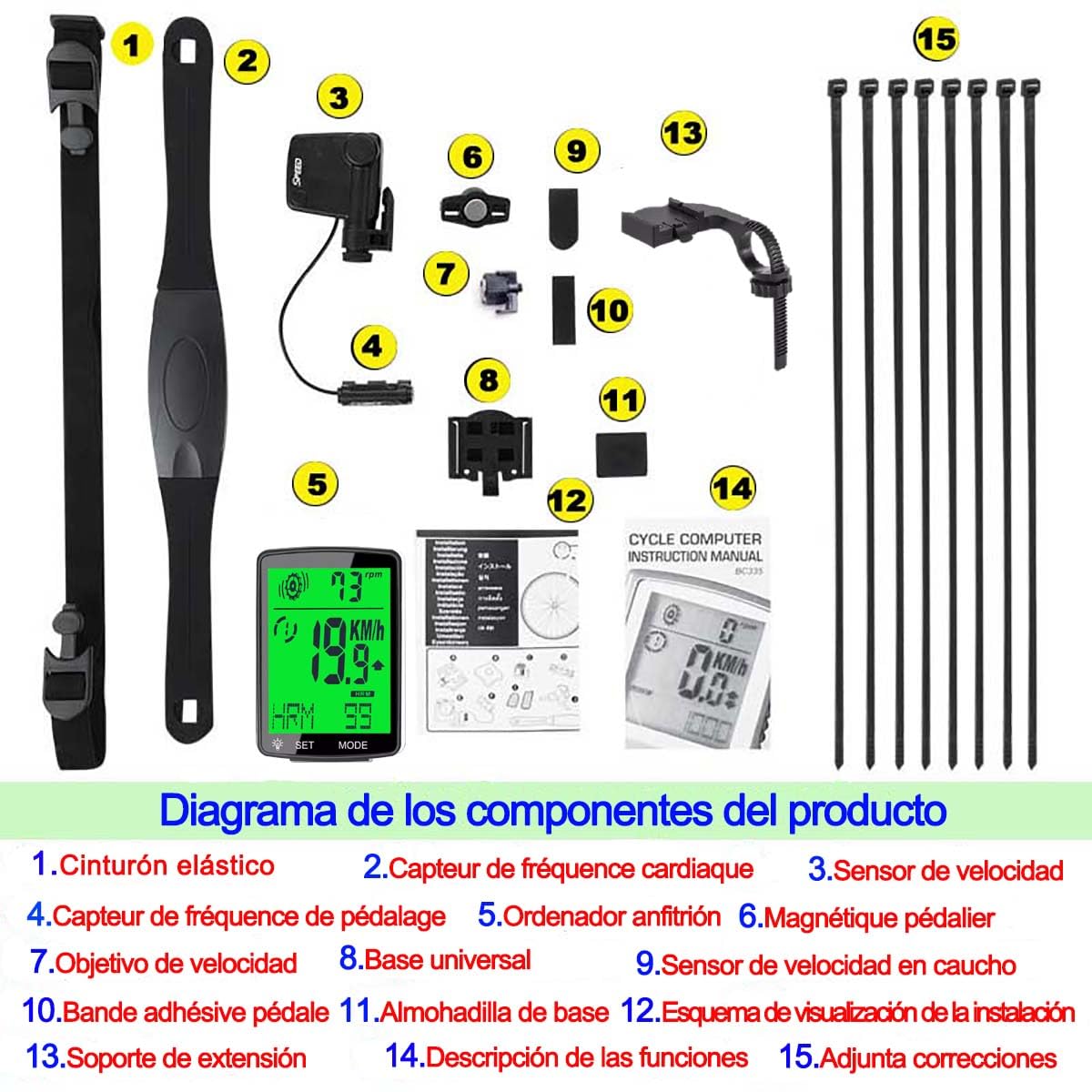 Wireless Tachimetro Bici， Misuratore di frequenza cardiaca, sensore di frequenza a pedale, e tachimetro 3-in-1 cycling equipment, 2.8-inch LCD Computer da Bici con retroilluminazione Computer Bici.