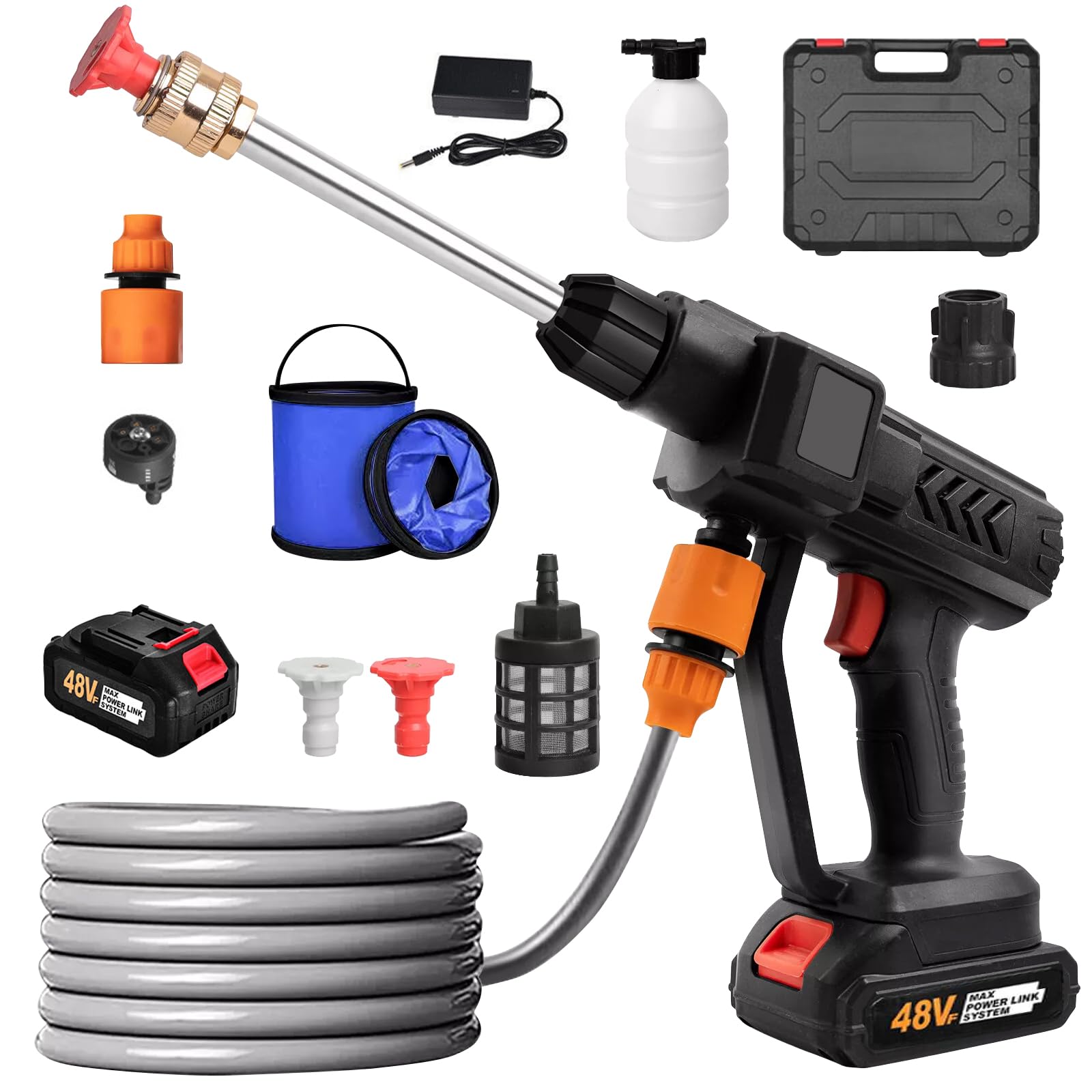 Cordless Pressure Washer, 48VF High Cordless Power Washers Spray Nozzles, Soap Dispensing Bottle, 5m Hose, Folding Bucket with 6-in-1 Spray Head Included,Tool Box Set (1 Battery)