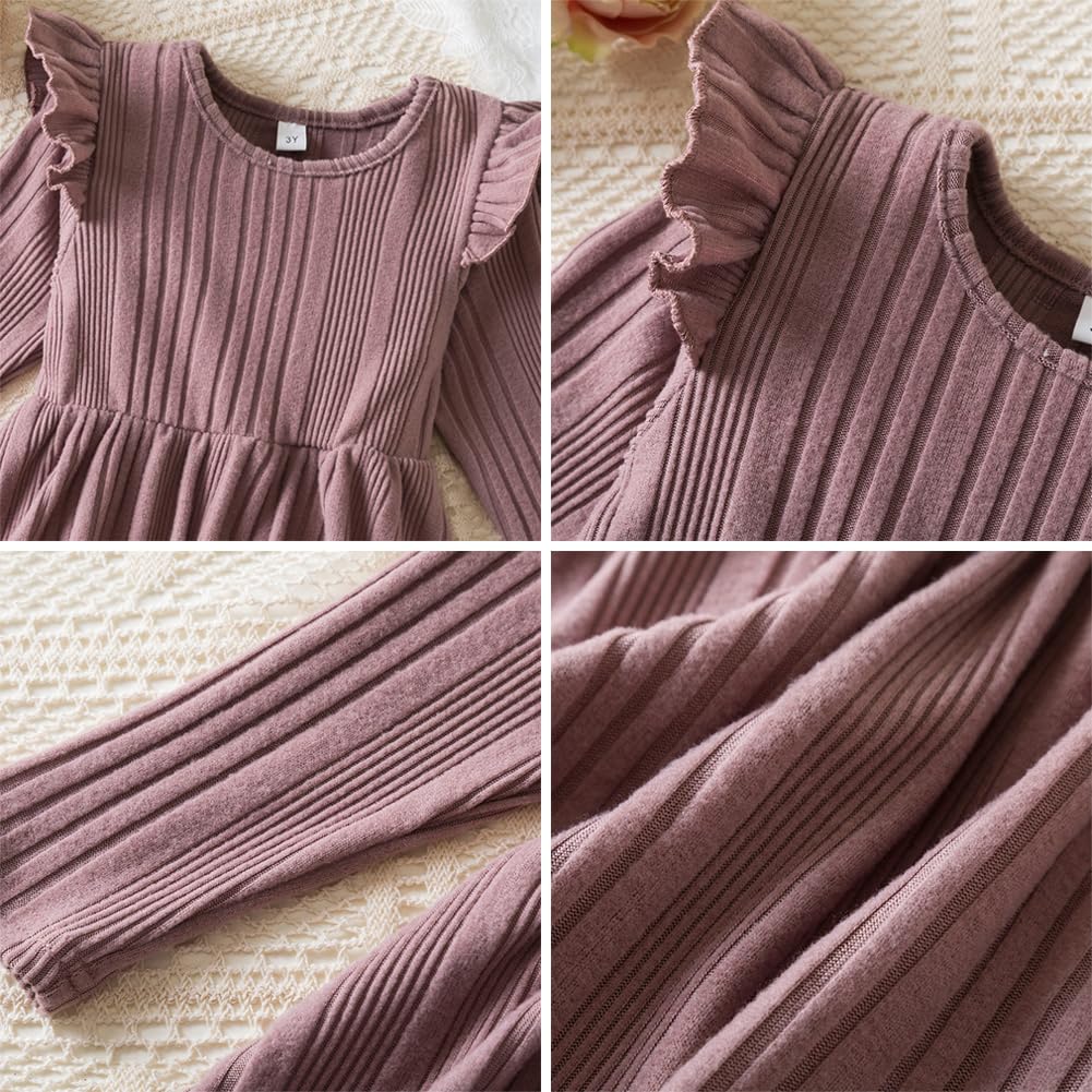IBAKOM Vestido de otoño para niñas y niñas, de manga larga, con volantes, de punto acanalado, elegante, vestido de princesa, vestido de fiesta de Navidad, trajes de invierno
