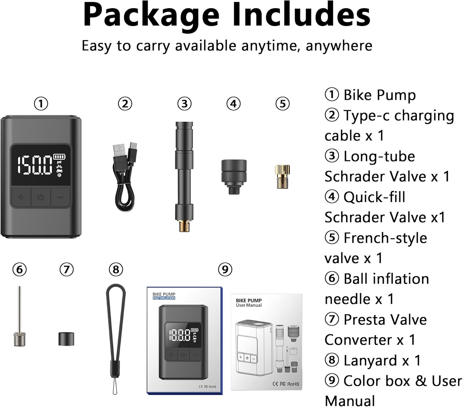Mini Bike Tire Pump, 150 PSI Portable Electric Bike Air Pump with Digital Gauge, Brushless Rechargeable Bicycle Pump with Presta & Schrader Valves for Road, Mountain, Motorcycle & Sports Ball