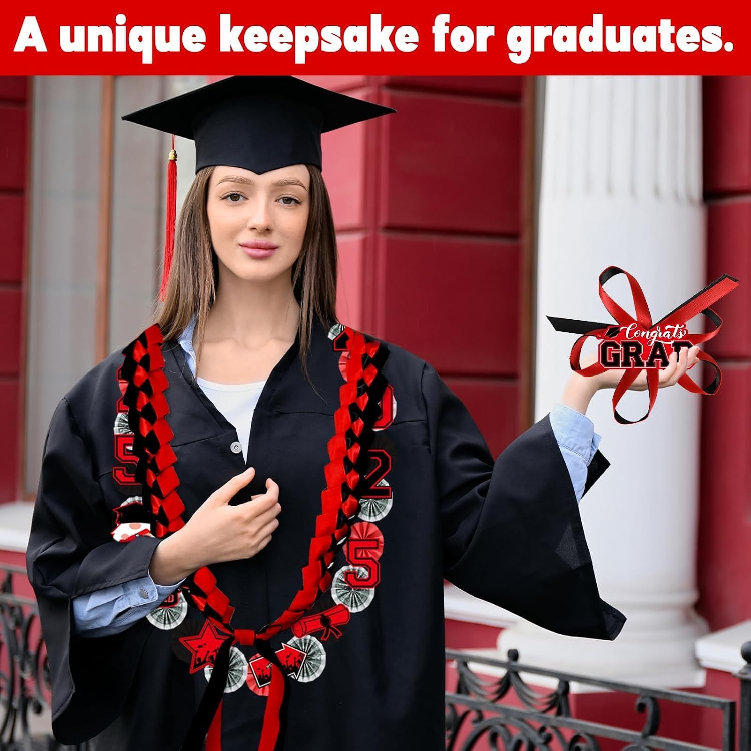 2025 Graduation Money Lei Candy Kit Graduation Ribbon Money Lei Necklace Making Kit DIY Leis Congrats Senior High School College Grad Gift Black and Red Party Supplies