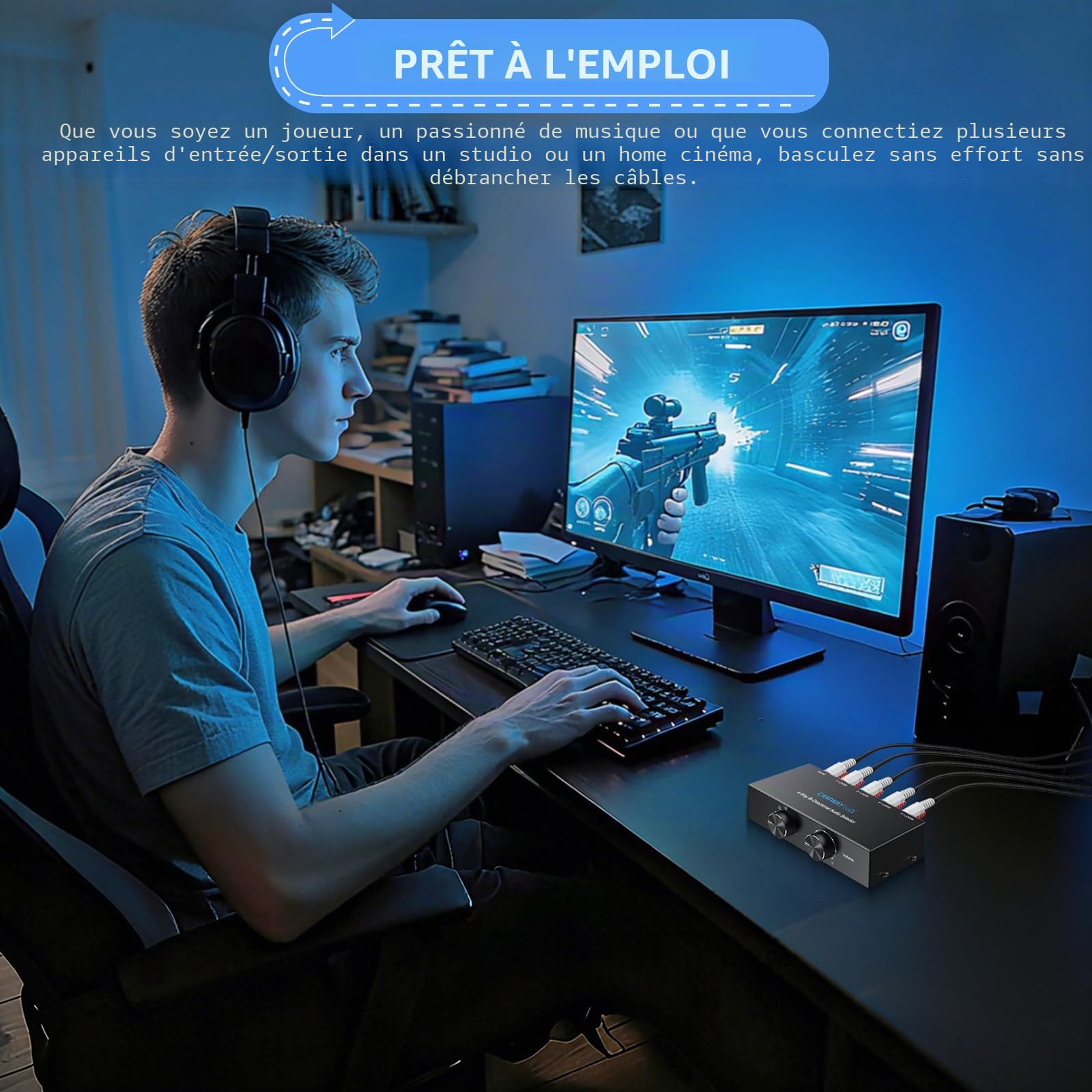 CAMWAY 1X4/4X1 Commutateur Audio Bi-Directionnel RCA & 3.5mm – Commutateur Stéréo à 4 Sorties ou Entrées, avec Fonction Off et RCA Inclus, Compatible PC, Smartphone, Amplificateur et Casque