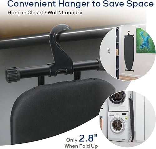 Miniatura 6 de Tabla de planchar de 43 x 13 pulgadas con soporte para plancha, tabla de hierro compacta tamaño completo con cubierta gruesa y almohadilla, colgador