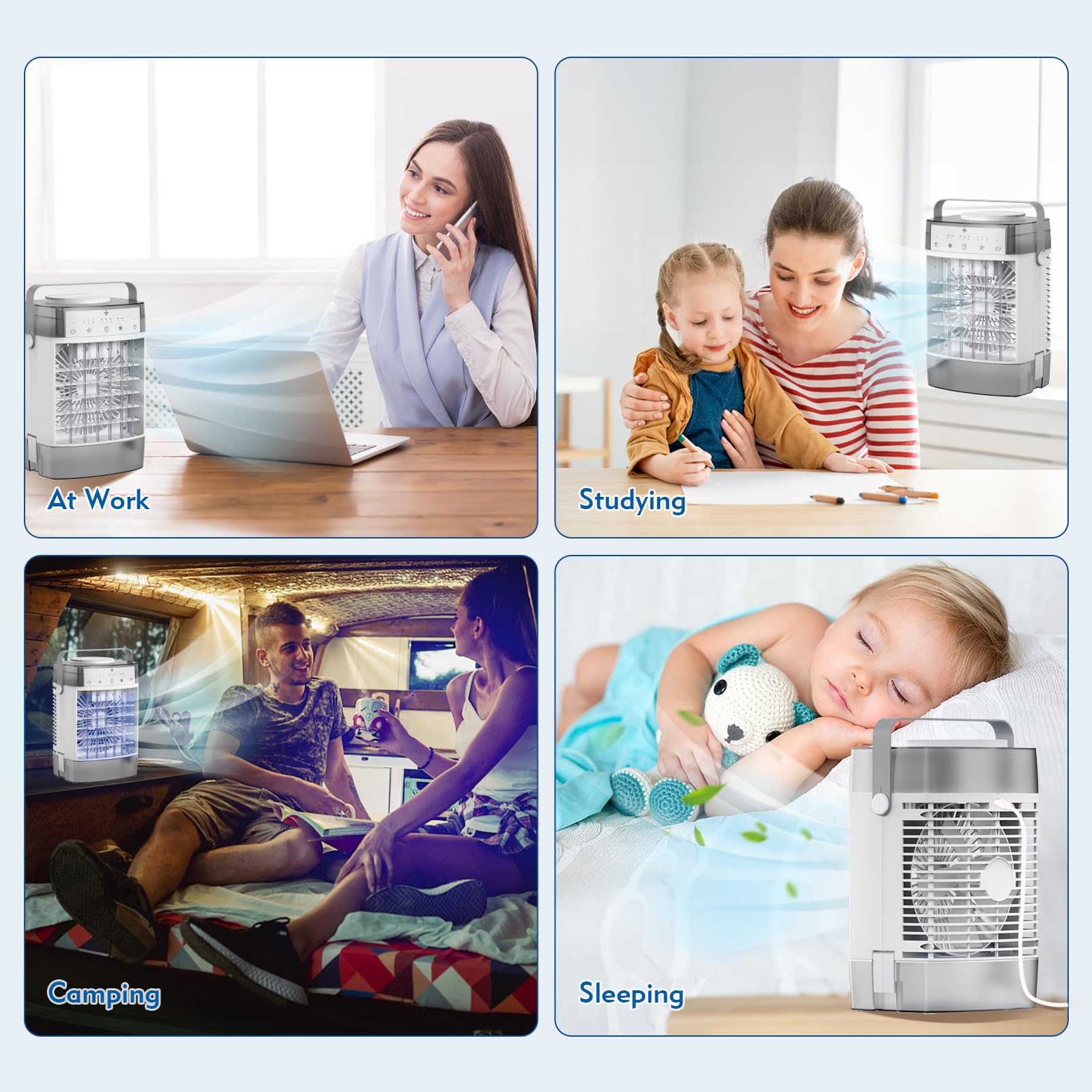 Condizionatore d'aria portatile, unità CA 3 in 1, mini condizionatore d'aria personale con serbatoio d'acqua da 1000 ml, timer 2/4/6h, piccola ventola di raffreddamento con ricarica USB (include