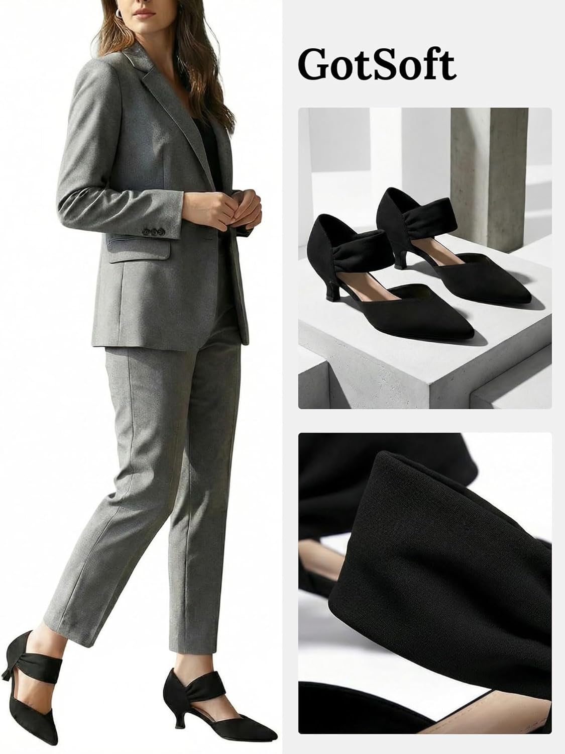 Womens Low Kitten Heels Pointed Toe Slip on Pumps Ankle Strap Elegant Party Wedding Dress Shoes - Image 3