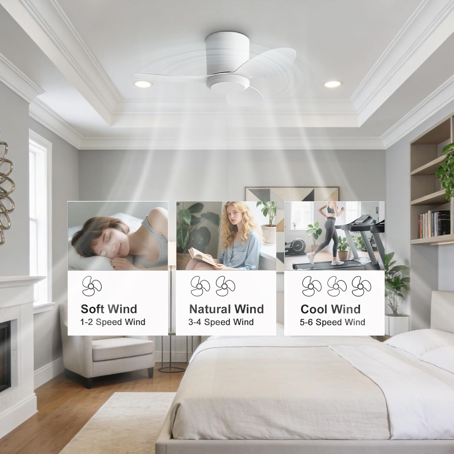 Flush Mount Ceiling Fan No Light Modern Small Ceiling Fans with Remote 6 Speeds 25 Inch White Ceiling Fan Without Lights Quiet DC Motor, 3 Blades for Restaurant Bedroom Patio Indoor