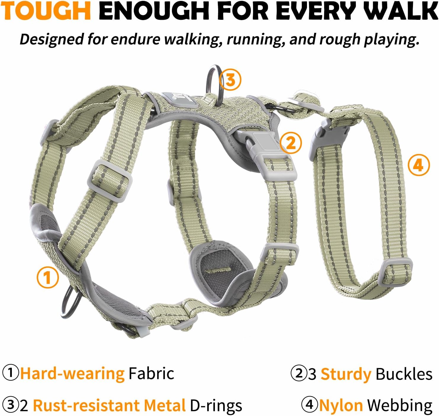 Huntboo Escape Proof Dog Harness – No Pull, No Slip, Fully Reflective, Adjustable 7-Point Design for Small, Medium, and Large Dogs – Lightweight for Outdoor Training & Hiking (Army Green, M)