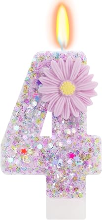 Purple Daisy Flower Number 4 Candle with Tray - 4th Birthday Decorations for Girls, 2.76 Inch Glitter Cake Topper for Princess & Garden Parties