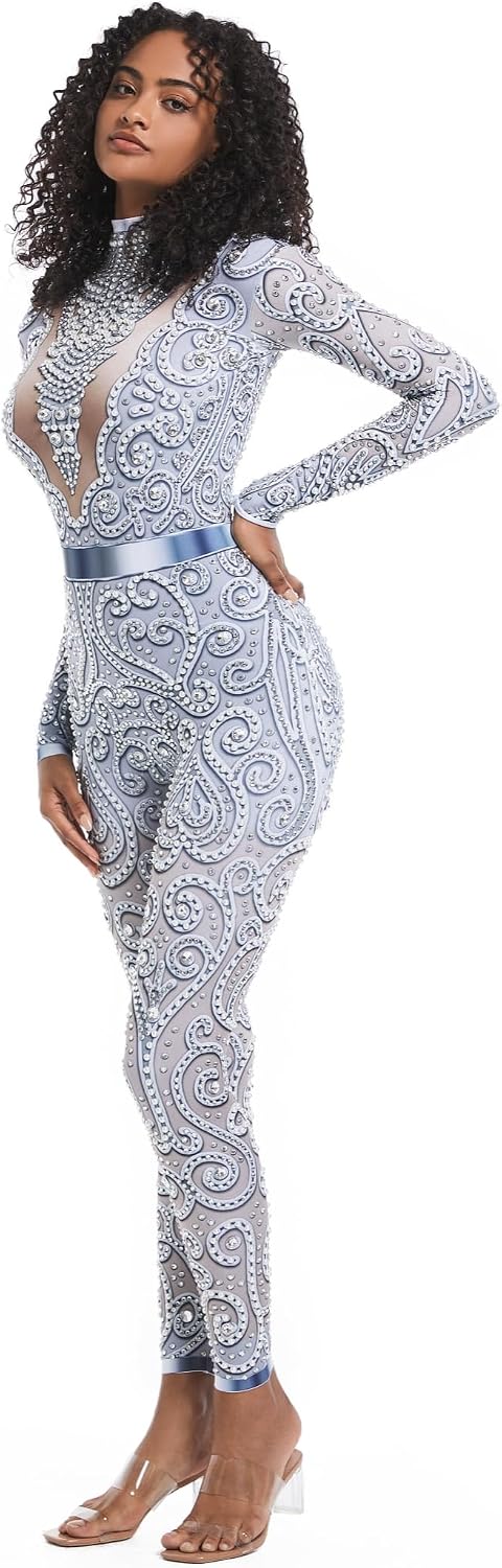 Sparkle Rhinestone Jumpsuit Dance Costumes for Women Bodycon Hot Drilling Process Drag Queen Outfit Tight Party Clubwear Gray S M