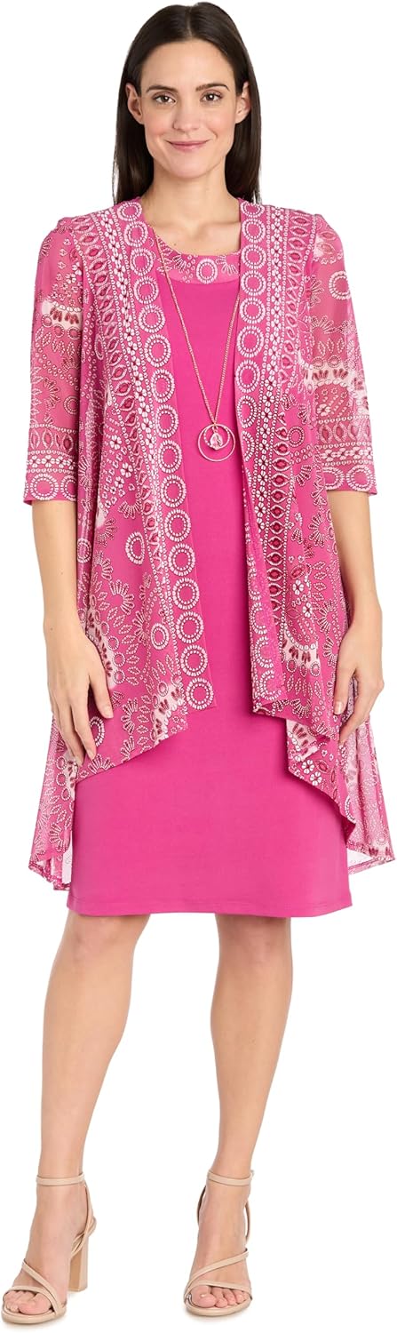 R&M Richards Medallion Print Mesh Flyaway Jacket Dress W/Detachable Necklace