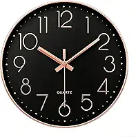 jomparis Relógio de parede preto ouro rosa silencioso, sem tique-taque, quartzo, varredura, decorativo, operado por bateria, relógios de parede