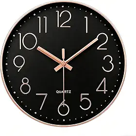 jomparis Relógio de parede preto ouro rosa silencioso, sem tique-taque, quartzo, varredura, decorativo, operado por bateria, relógios de parede