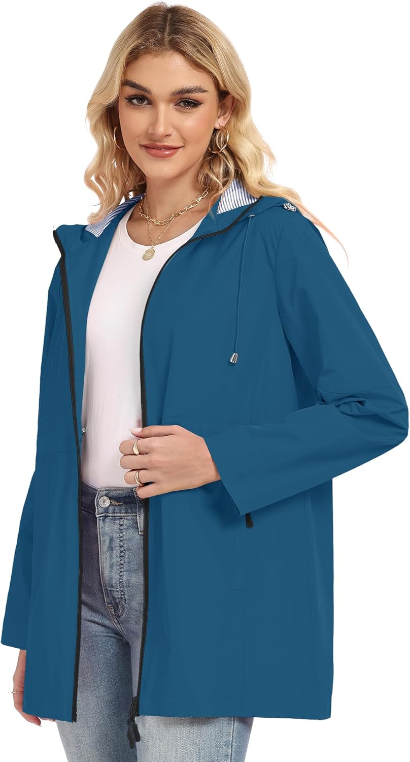 TCOT Rain Jacket Women Lined Raincoat Waterproof Windbreaker Jackets Hooded Raincoats Long Trench Coat