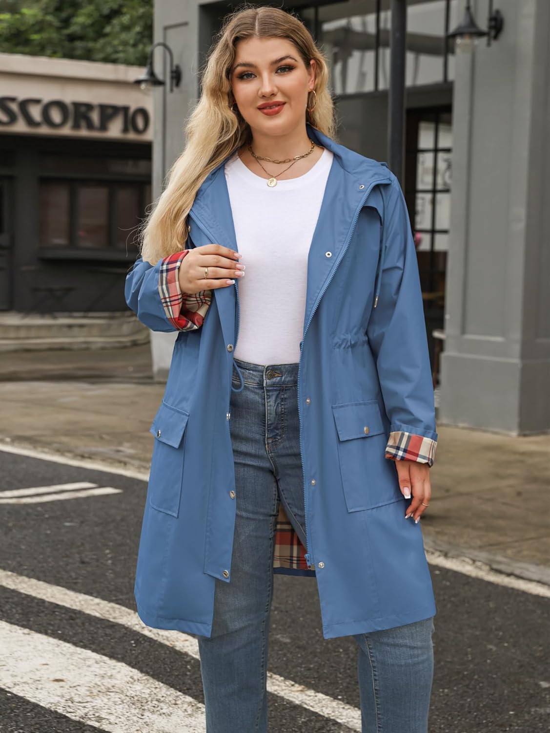 Kikibell Plus Size Rain Jackets for Women Raincoats Waterproof Windbreaker Jacket Hooded Outdoors Trench Coat with Pockets - Image 7