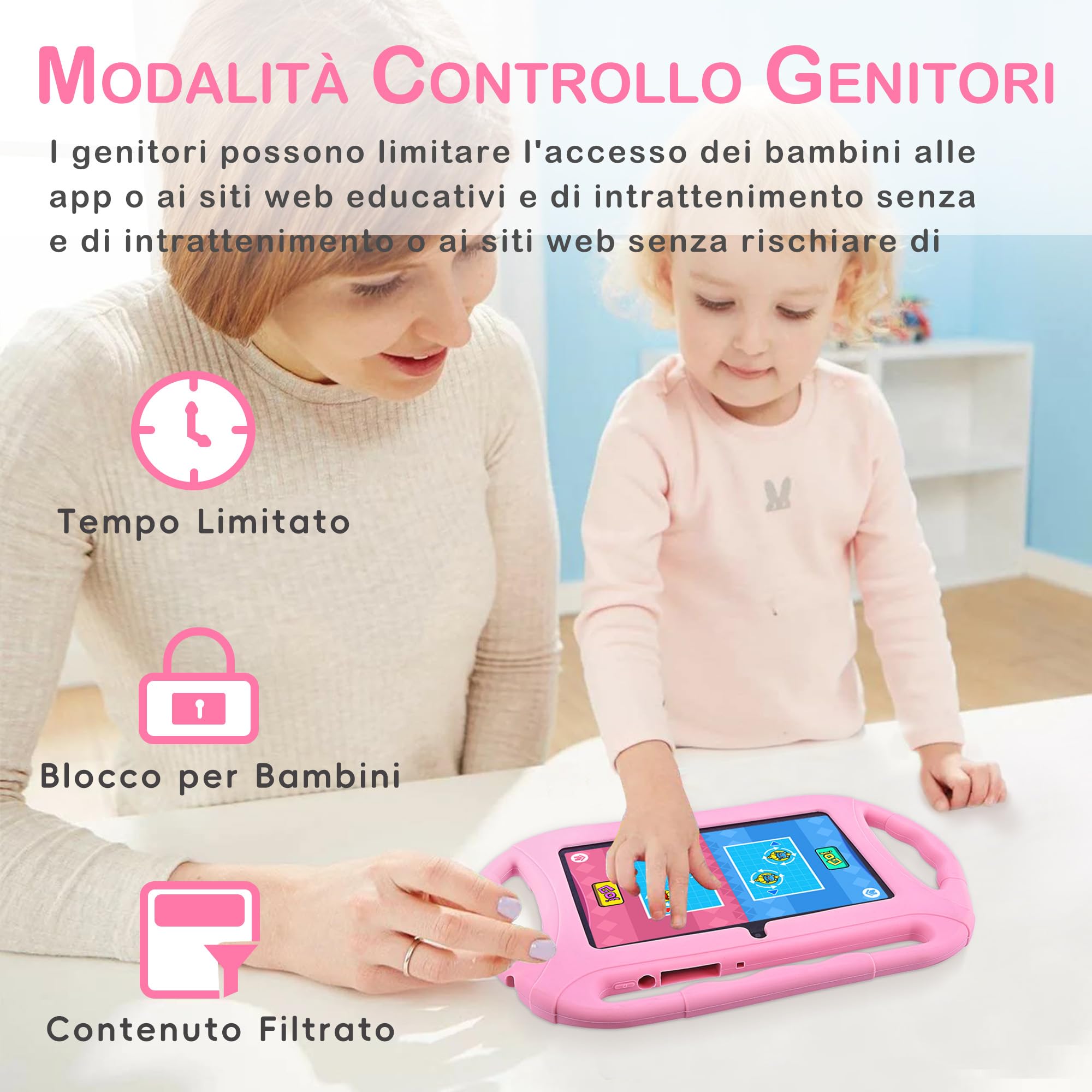 Veidoo Tablet per bambini da 7 pollici, tablet Android, 2GB RAM 32GB ROM, WiFi, schermo HD, applicazioni preinstallate con controllo parentale, giochi, tablet educativo, Rosa