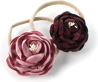 My Lello Baby Girl Ranunculus Flower Stretchy Nylon Elastic Headbands Set 2pcs - Small - Rosy Mauve/Burgundy
