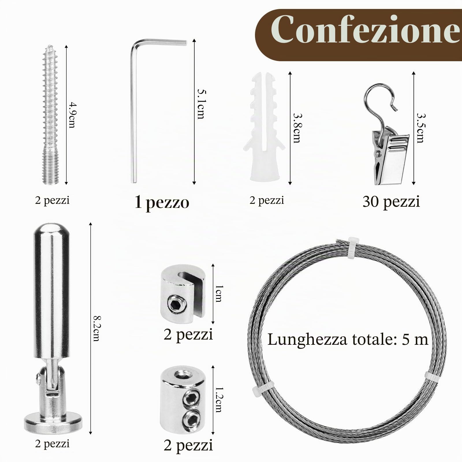 Cavo Metallico per Tende,Filo per Tende in Acciaio Inossidabile da 5m,Cavo di Tensione Della Tenda con 30 Pz Gancio per Appendere Tende Da Doccia, Foto, Artigianato