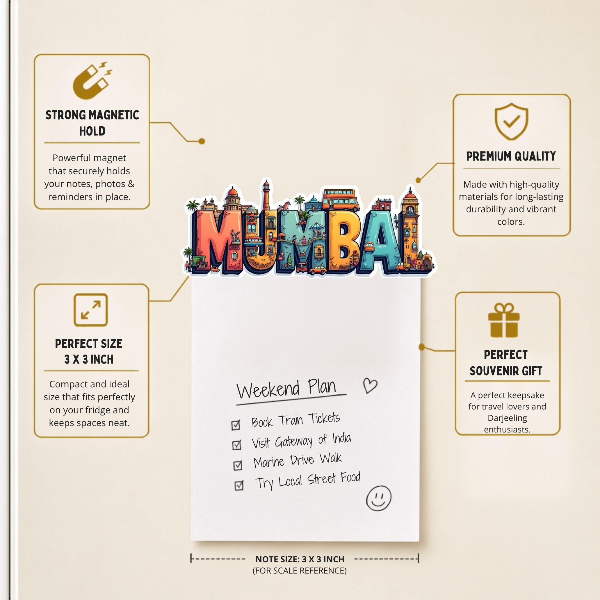 GiftODay City Theme Souvenir Wooden Fridge Magnet for Refrigerator - Mumbai Fridge Magnet for Kitchen & Home Decor | Perfect Souvenir Gift | Size 3x3 Inches | Pack of 1 1