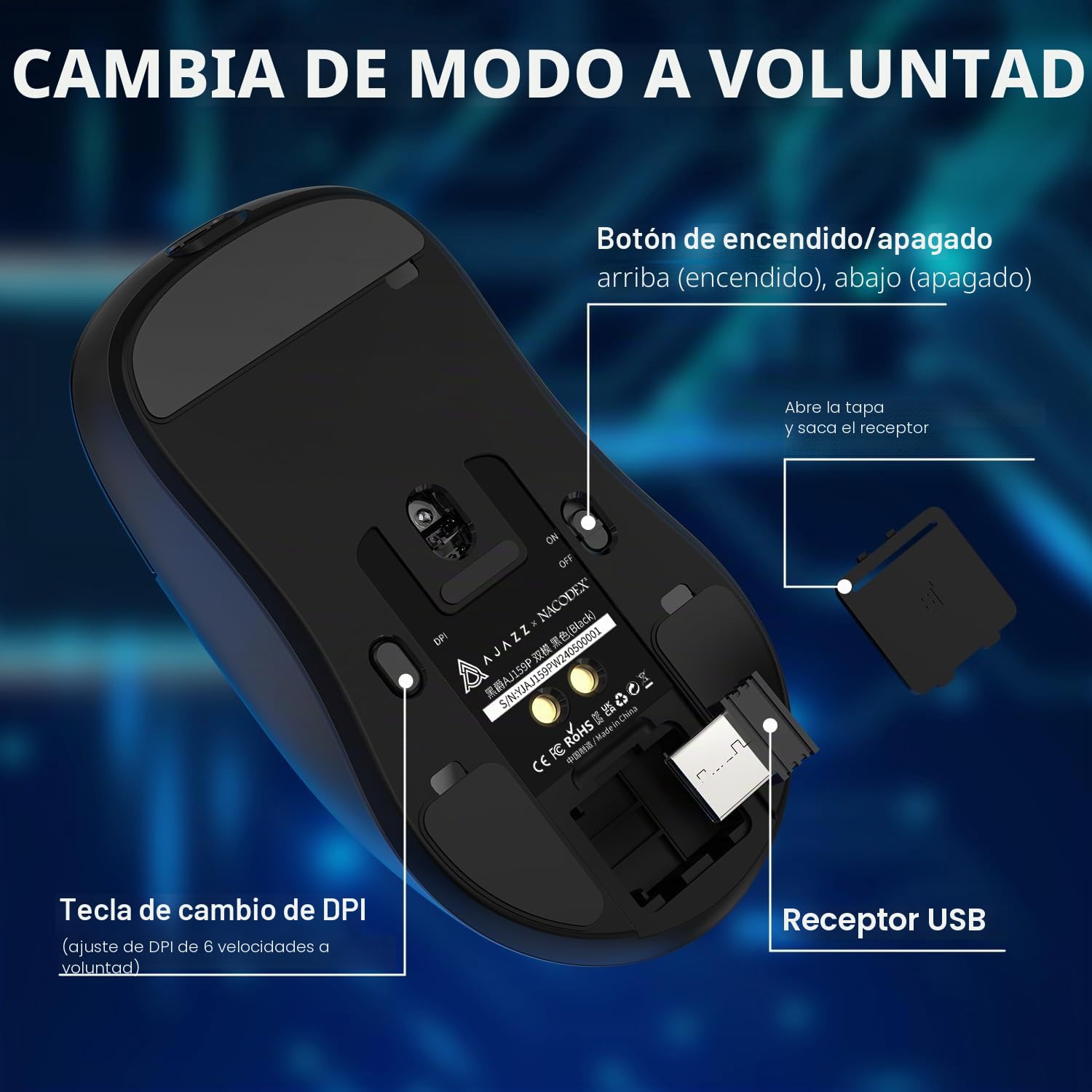 AJAZZ AJ159P Superlight Ratón de Juego Inalámbrico con Muelle de Carga Magnética, Ultra Luz 56G, Pixart Paw3395 Sensor, 26000 DPI, 2.4GHz/USB-C Cableado, 6 Botones Programables, para PC/Mac (Negro)