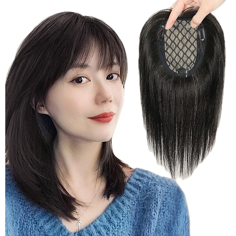 Hair Topper Wigs, Clip in Human Hair Toppers Seamless Hairpiece Toupee for Women Thick Silk Base Topper for Thicking Hair,35cm,Synthetic Hair.（Dark Brown）
