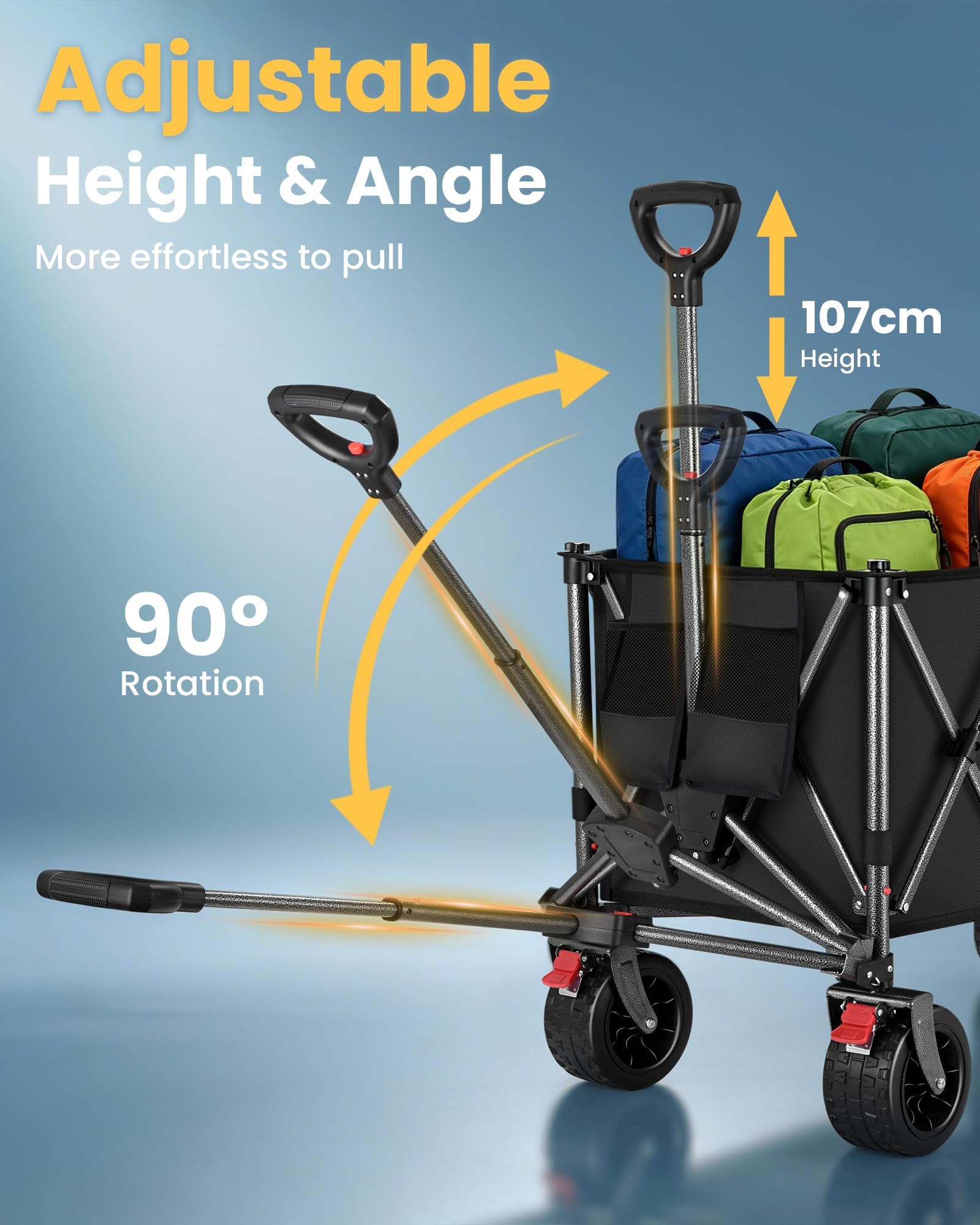 YEAUPE PRO Carro Playa Plegable con Freno 200-300L 200kg Negro | Estructura doble con panel trasero abatible, mango ajustable y diseño plegable para objetos largos en playa, camping y jardín