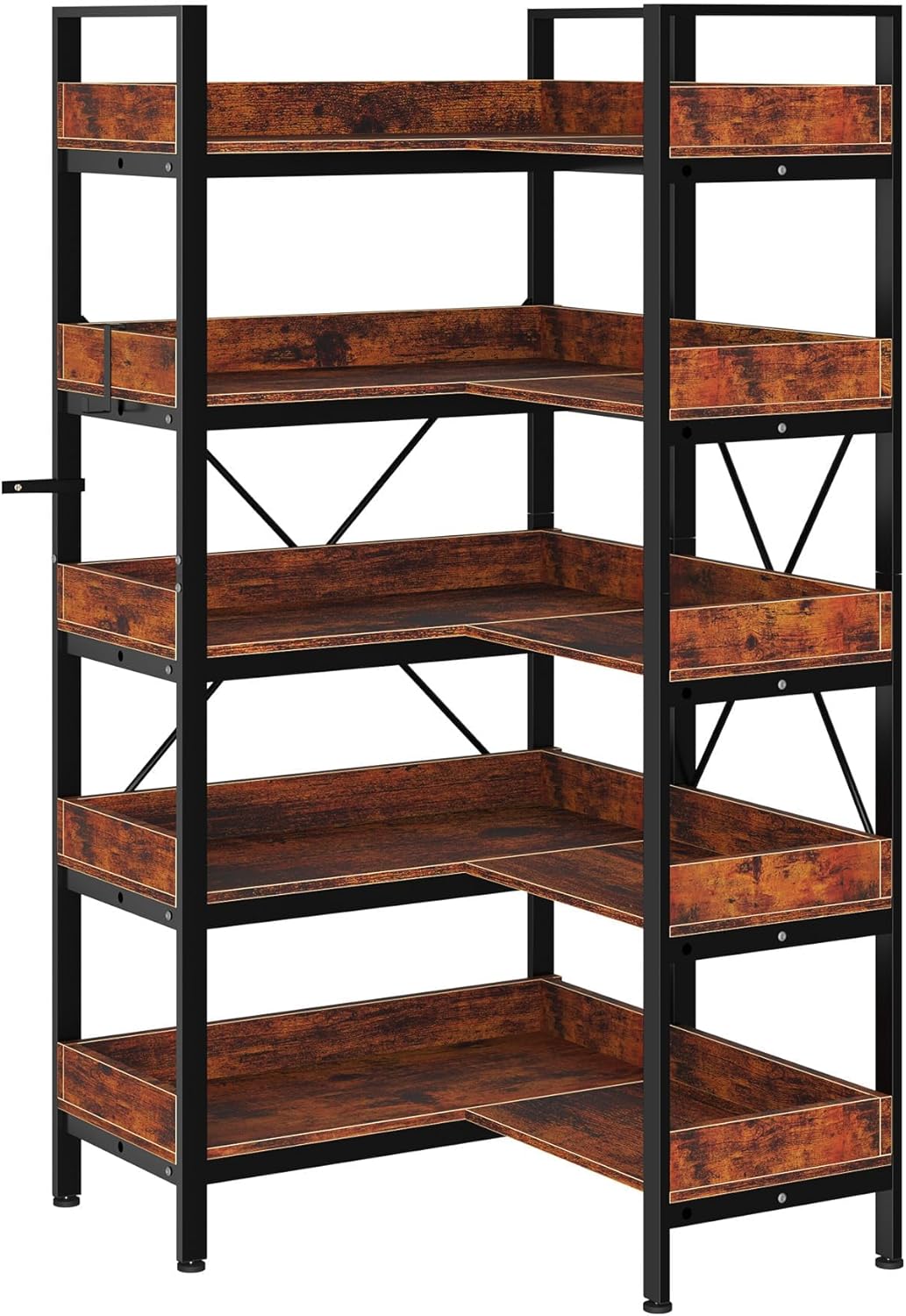 5-Tier Corner Bookshelf, L-Shaped Reversible Bookshelf, 65" Industrial Wooden Bookcase with Open Shelves, Metal Frame Shelf with Adjustable Feet, Corner Storage Rack for Home Office, Rustic Brown