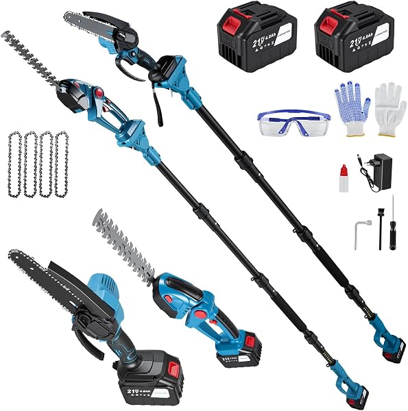 Taille-haie télescopique 4-en-1 sur batterie, tronçonneuse 6 pouces et sécateur SK5, perche extensible 200 cm, lot de 2 batteries 4000 mAh