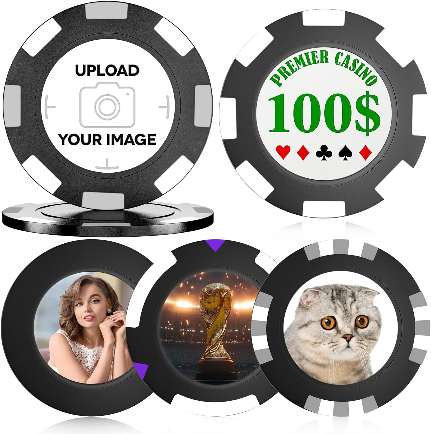 100-500 Custom Poker Chips,5 Available,Full Color Printing Personalized Image or Logo,Put Design on a Plastic Chip,Set for Bar Tokens,Party,Wedding