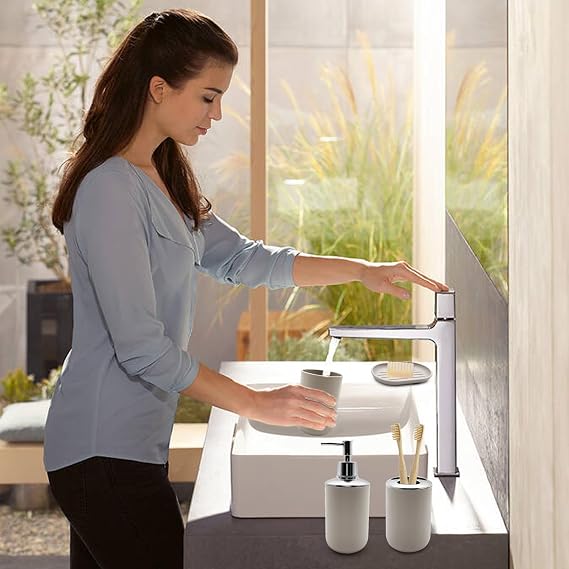 Bathroom Accessory Set, 4 pcs Shatter-Resistant Resin Bathroom Accessories Set Include Lotion Soap Dispenser Toothbrush Holder Soap Dish Modern Bathroom Decor, Gift for Home (Beige 4pcs)