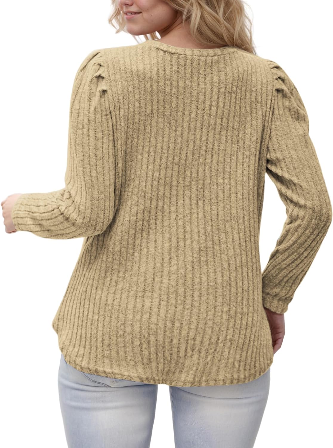 ROSRISS Womens Plus-Size Tops Crewneck Puff Long Sleeve Shirts Dressy Ribbed Knit Tunics Elegant Pullover Sweaters XL-5XL - Image 3